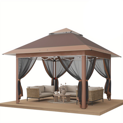 Paviljoen – Tuinpaviljoen – Partytent – Pergola – Prieel – Verstelbare Hoogte – Met Muskietennet – 3,28x3,28 m – Aluminium Frame – Opvouwbaar Met Draagtas Op Wieltjes - Bruin