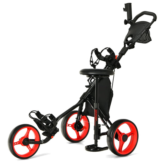 Golf Trolley – Golfkar – Golfkarretje – Golfwagen – Golf Caddy – Inklapbaar – Verstelbare Handgreep & Zitje – Stalen Frame – EVA Wielen – Rood