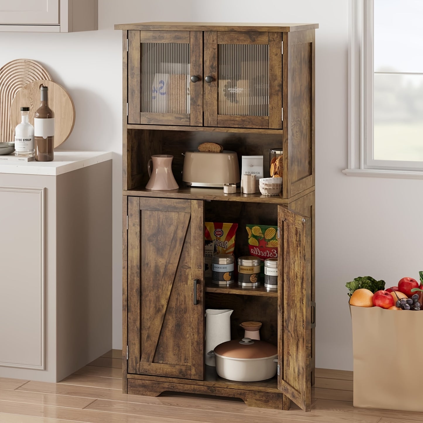 Badkamerkast – Opbergkast – Keukenkast – Woonkamerkast – Kast Met Glasdeuren – Vintage Grijs – Verstelbare Planken – Duurzaam MDF & Hout