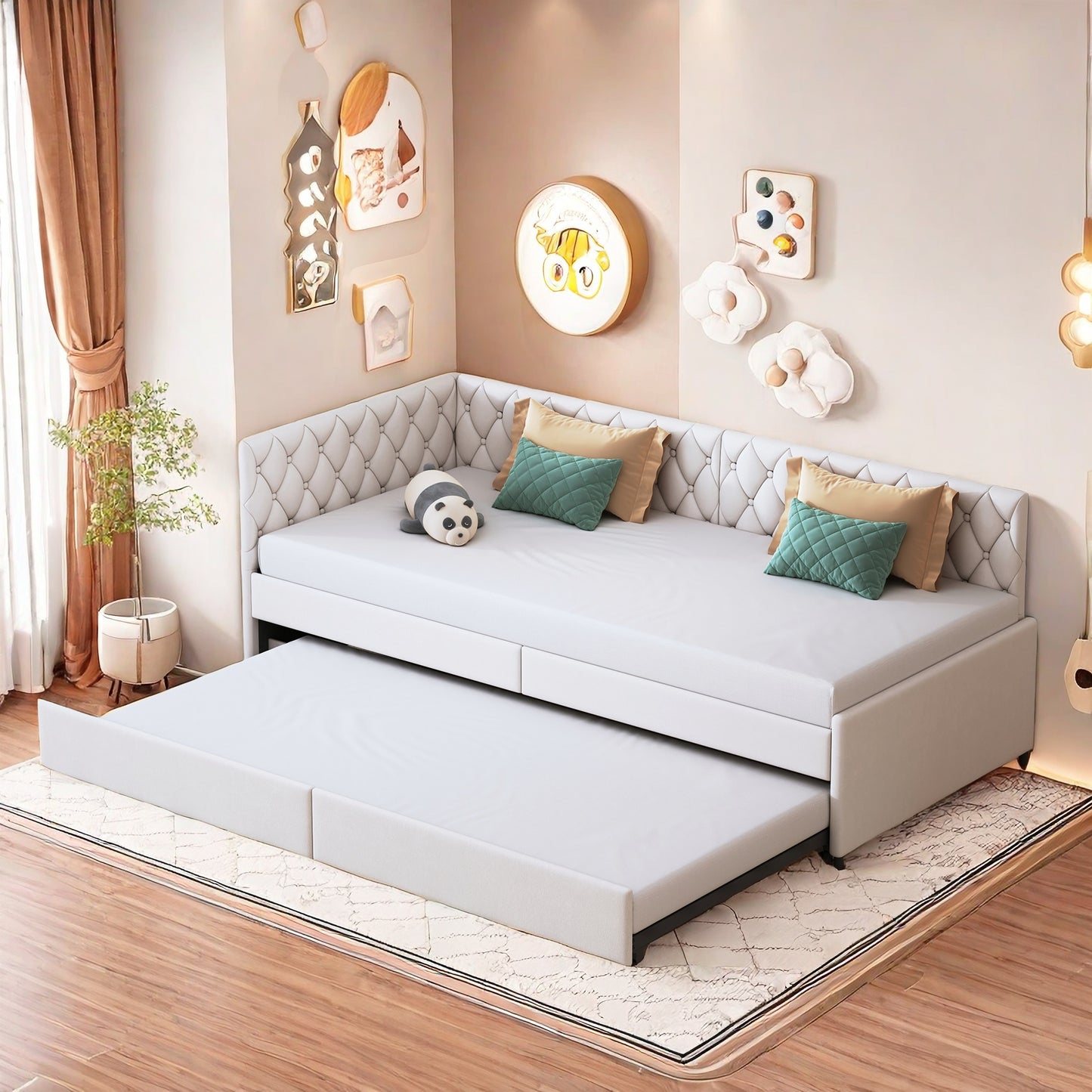 Slaapbank – 2-Zits Bedbank – Uitklapbare Bank – Gigogne Bed – Banquette Bed – Beige Velvet – 90x200 cm – Stevig Houten Frame