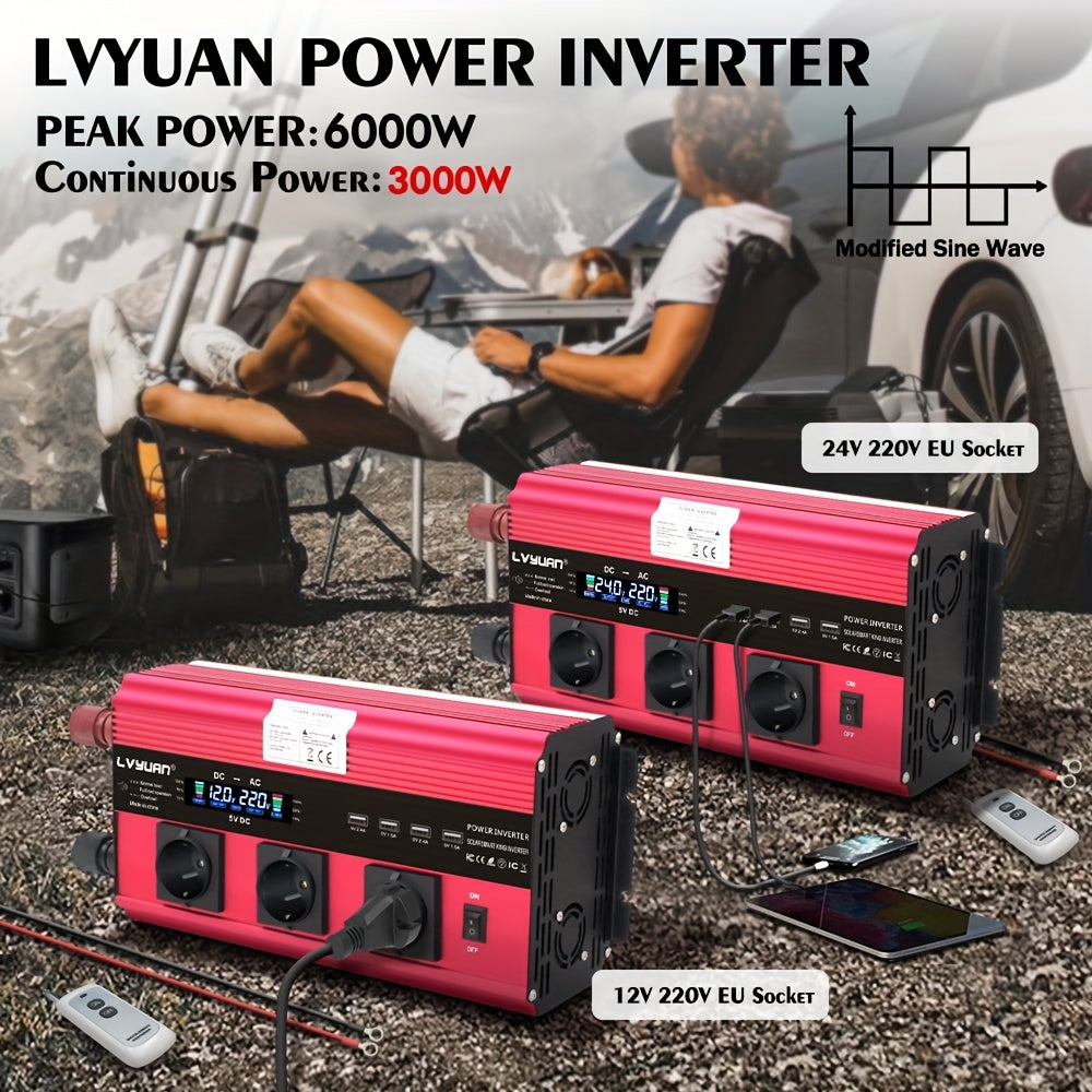 Power Inverter 12V naar 230V – Spanningsomvormer – Omvormer – Converter – Stroomomvormer – 3000W Vermogen – 4 AC-uitgangen en LCD Display