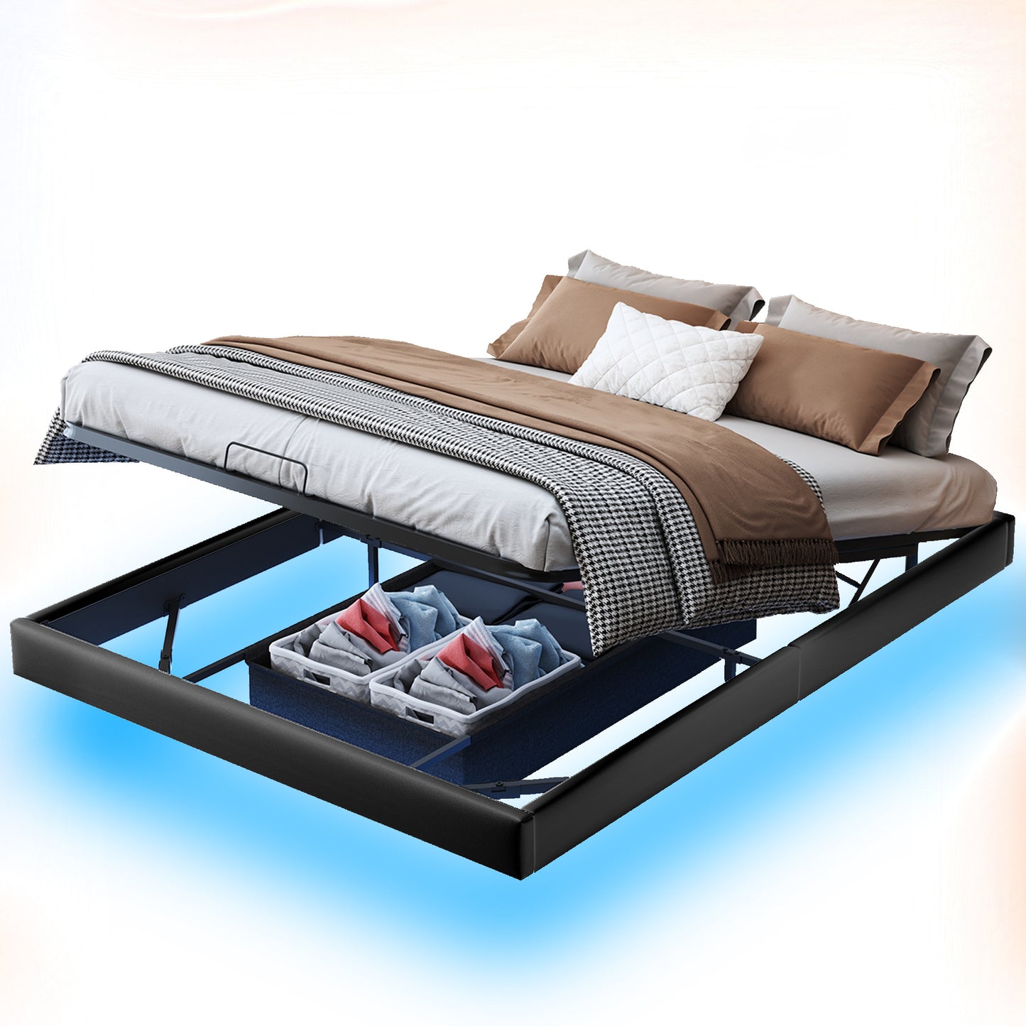 Upholstered Bed – Gestoffeerd Bed – Tweepersoonsbed – Bedframe – Slaapbank – Zwevend Design – Opbergruimte Onder Bed – 160x200 cm – PU Materiaal Beige