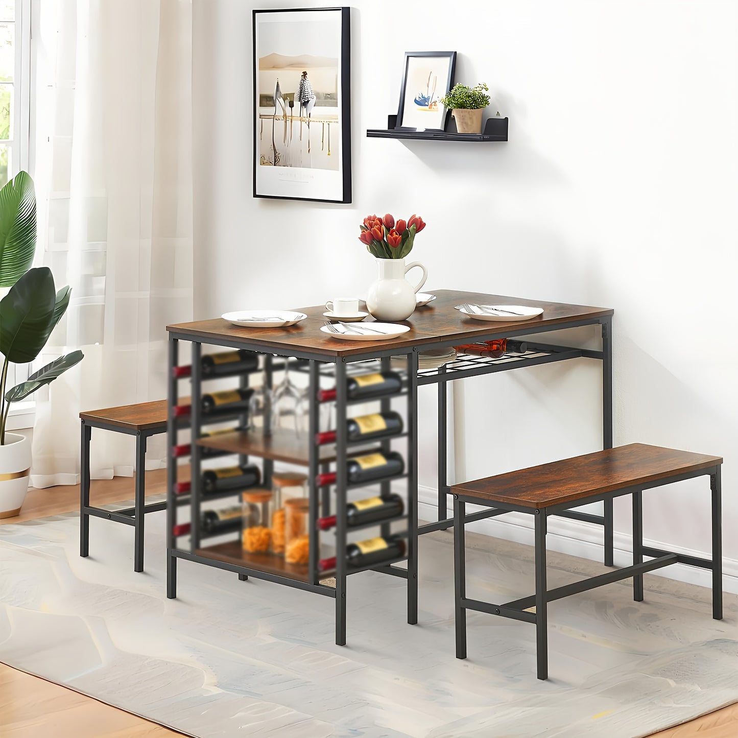 Eettafelset – Tafel Met Banken – Compacte Eetkamer Set – Keukentafel – Wijnrek – Hardhouten Rustiek Design – Ruimtebesparend Met Opbergruimte – Geschikt Voor 4 Personen