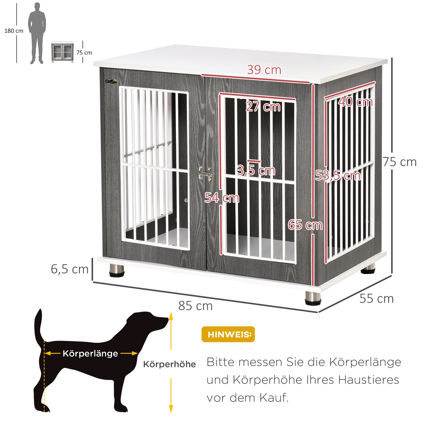Hondenbench – Hondenkooi – Transportbench – Hondenhok – Dierenbench – Vergrendelbare Hondenbench – Stevig Houten Frame – Verstelbare Voetjes – Grijs-Witte Kleur