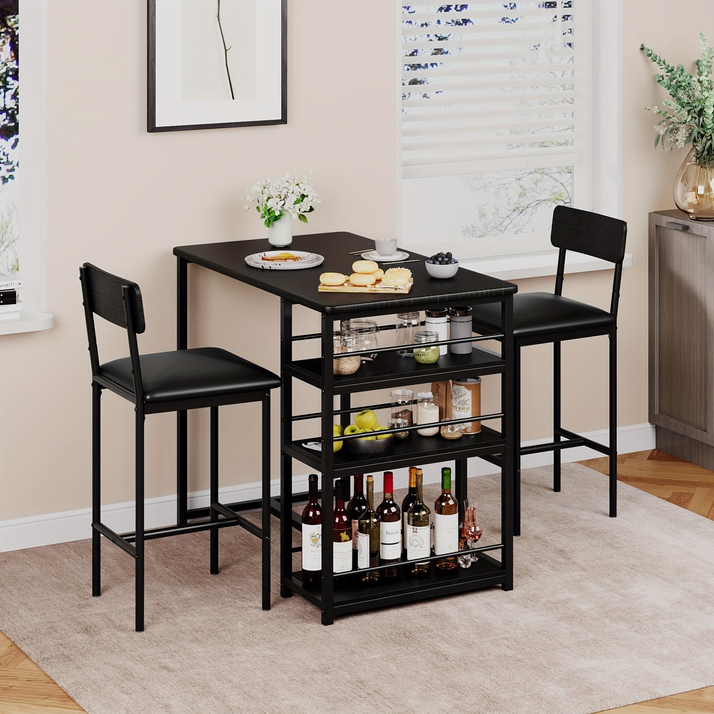 Bar Table Set with 2 Stools - Heavy-Duty Metal MDF Construction, Space-Saving Kitchen Dining Table with 3 Shelves, Sturdy Legs & Non-Slip Floor - Compact for Small, Apartment, Home, Restaurant - Easy Assembly, Modern Farmhous