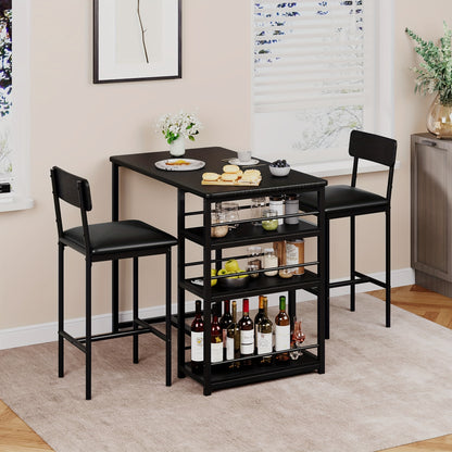 Bar Table Set with 2 Stools - Heavy-Duty Metal MDF Construction, Space-Saving Kitchen Dining Table with 3 Shelves, Sturdy Legs & Non-Slip Floor - Compact for Small, Apartment, Home, Restaurant - Easy Assembly, Modern Farmhous