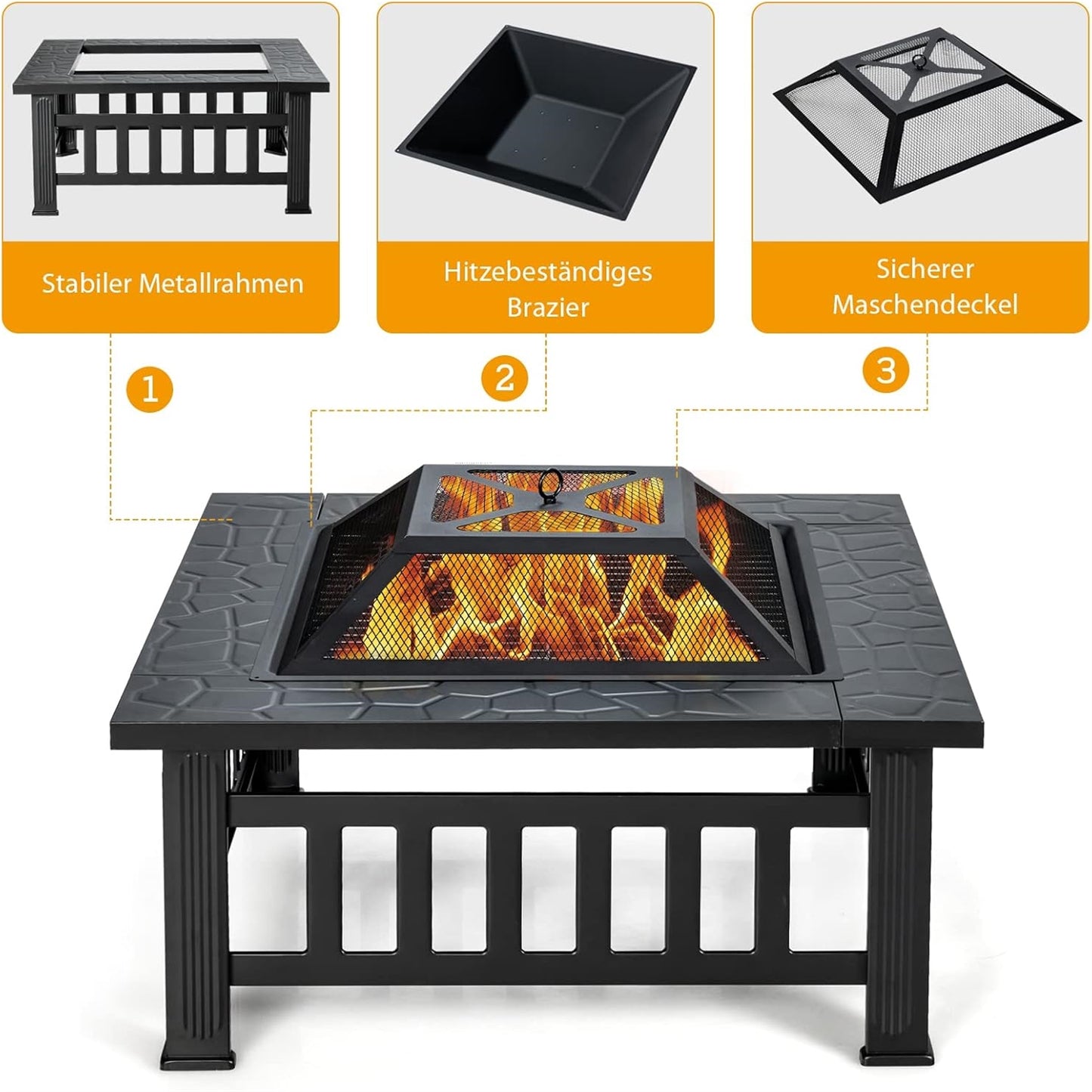 Vuurschaal – Vuurkorf – Tuinhaard – Sfeerhaard – Terrasverwarmer – Staal – 81x81x50 cm – 3-in-1 Multifunctioneel Met Grillrooster & Vonkenscherm