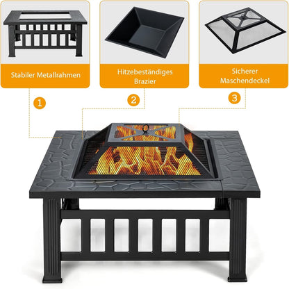 Vuurschaal – Vuurkorf – Tuinhaard – Sfeerhaard – Terrasverwarmer – Staal – 81x81x50 cm – 3-in-1 Multifunctioneel Met Grillrooster & Vonkenscherm