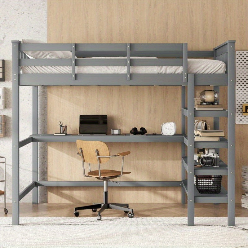 Hoogslaper – Stapelbed – Bed met Opbergruimte – Bedbank – Studentenkamerbed – 140x200 cm – Met Bureau en Metalen Frame – Grijs