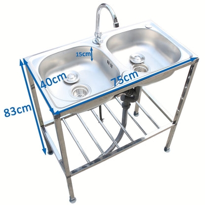 Dubbele Spoelbak – RVS Spoelbak – Keukenspoelbak – Garage Spoelbak – Tuinspoelbak – 75x40x83 cm – Roestvrij Staal – Warm- en Koudwaterkranen