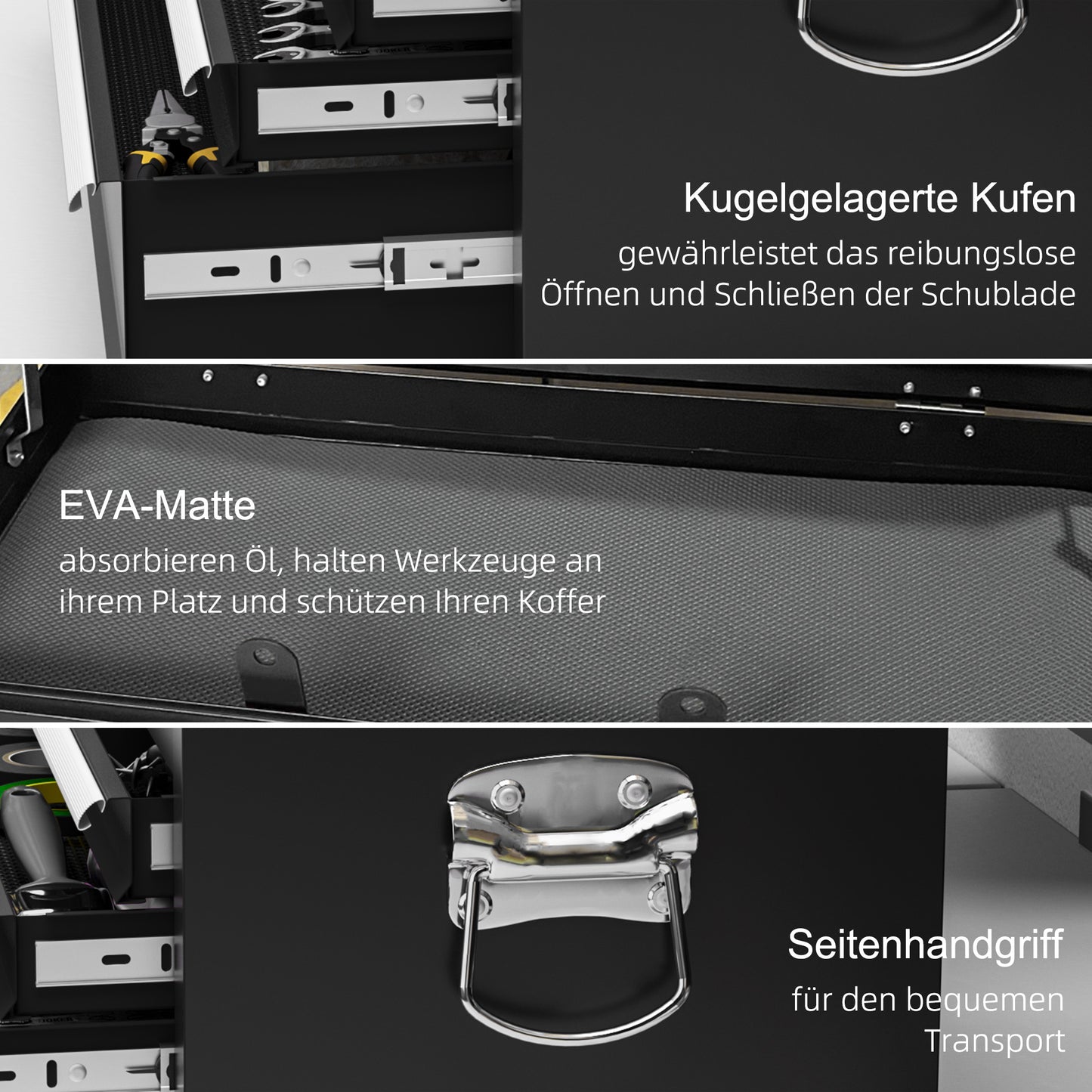 Gereedschapskist – Gereedschapsbox – Opbergkist – Werkplaatskist – Toolkist – Zwart Staal – Afsluitbaar Met 3 Lades – 60x26x34 cm Compact