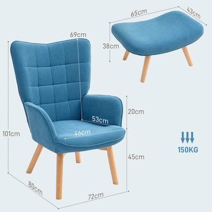 Fauteuil – Relaxstoel – Accentstoel – Armstoel – Clubstoel – Blauw – Met Voetenbank – Zachte Corduroy Stof – Stevige Houten Poot