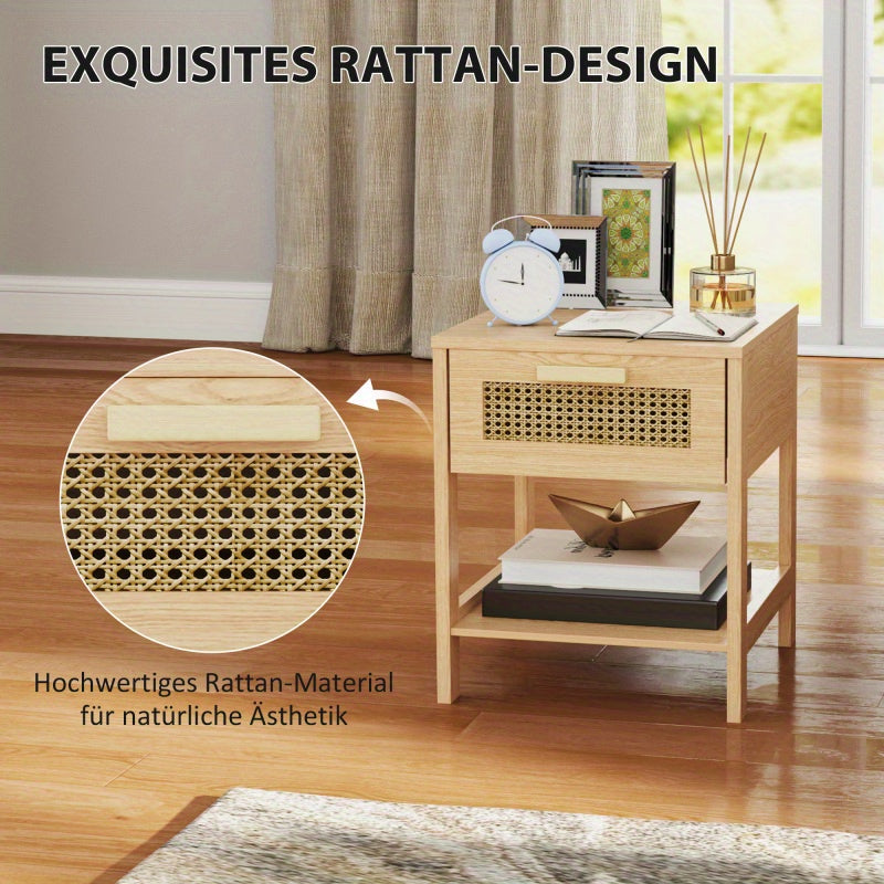 Nachtkastje – Nachtkastjes – Bijzettafel – Ladekast – Bedtafeltje – Natuurlijk Rattan Design – Compact 40x40x48,4 CM Met Lade en Open Plank