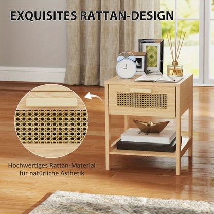 Nachtkastje – Nachtkastjes – Bijzettafel – Ladekast – Bedtafeltje – Natuurlijk Rattan Design – Compact 40x40x48,4 CM Met Lade en Open Plank