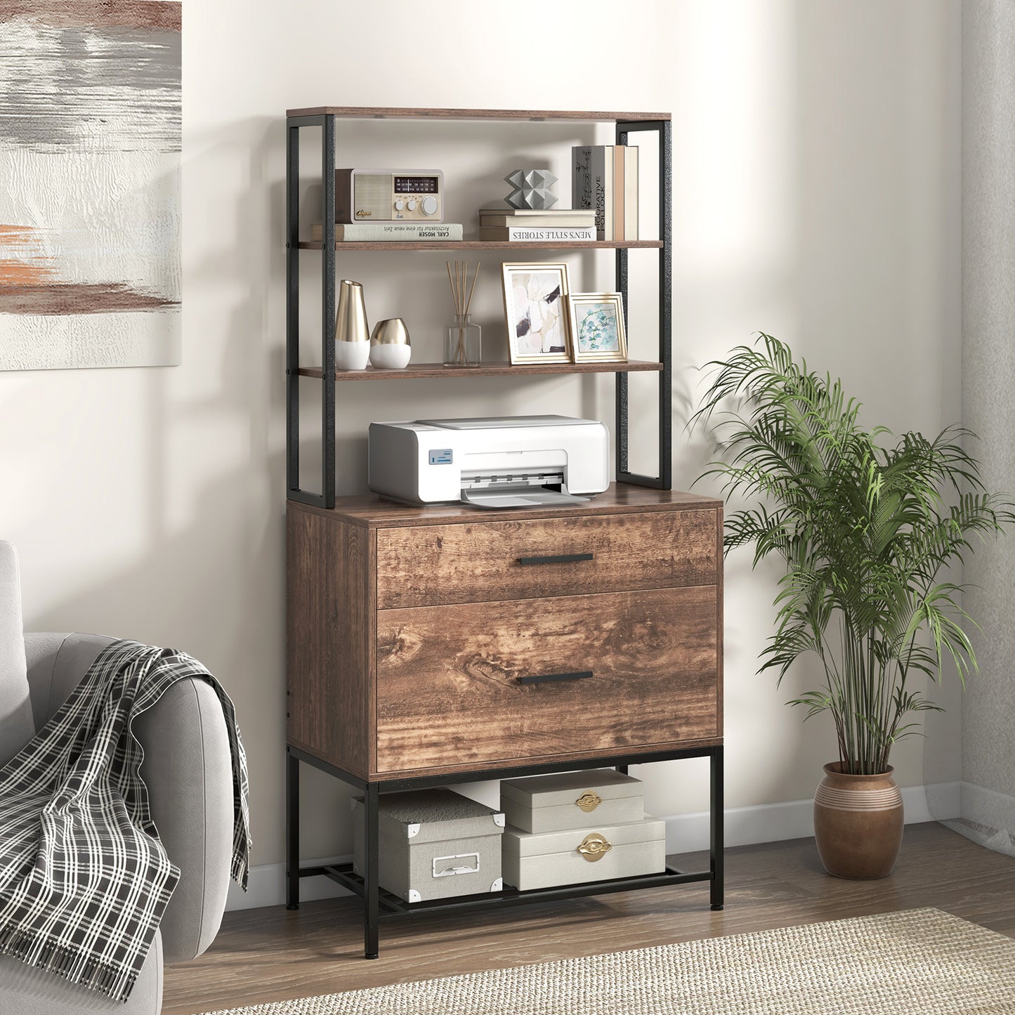 Archiefkast – Filekast – Kantoorrek – Documentenkast – Ladenkast – Vintage Bruin – 3 Open Planken – 2 Grote Laden Voor Hangmappen