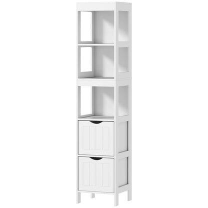 Compact MDF Freestanding Bathroom Shelf with 2 Drawers & 3 Open Shelves - Space-Saving Modern Bathroom Cabinet with Black Knobs, Moisture-Resistant Storage Organizer for Small Bathrooms, No Installation Required, Sturdy MDF C