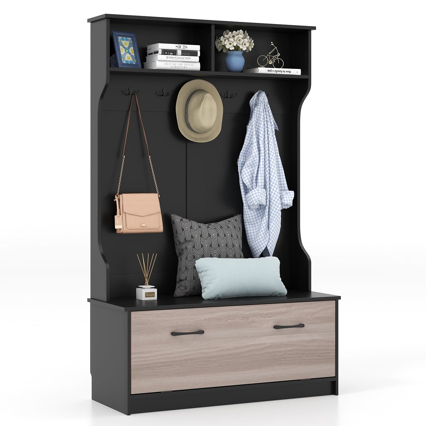 Hall Tree – Kapstok – Schoenenkast – Garderoberek – Halmeubel – Met 5 Dubbele Haken – Met Opbergbank Met 90 kg Draagvermogen – Zwart