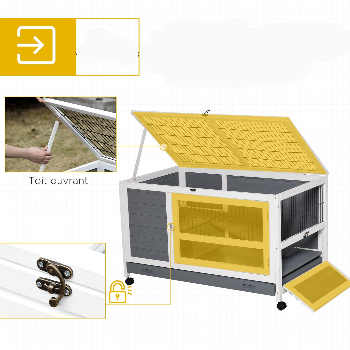 Konijnenkooi – Konijnenhok – Knaagdierkooi – Buitenkooi – Houten Kooi Op Wielen – Ruim 102x60x63,5 cm – Met Remmen en Uitschuifbare Bodem