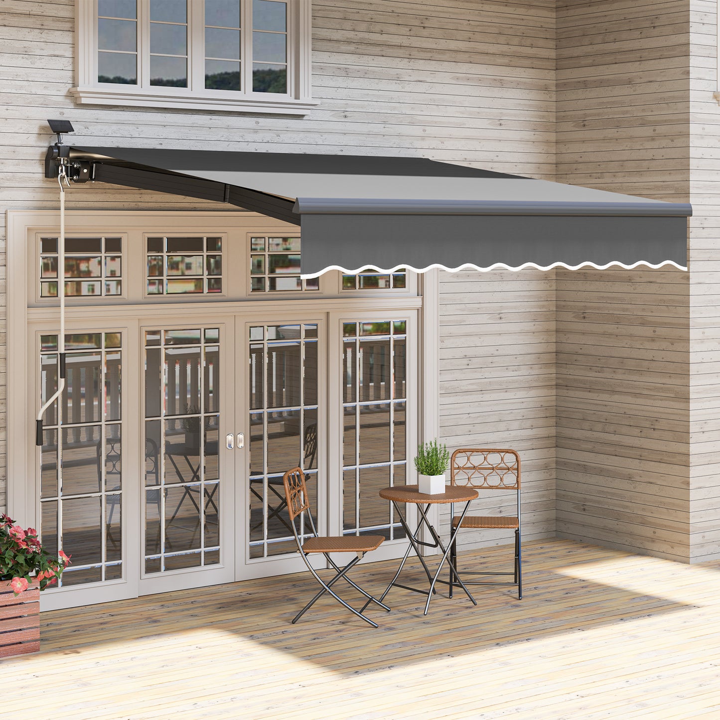 Zonnescherm – Knikarmscherm – Handbediend Zonnescherm – Uitvalscherm – Terrasscherm – Grijs – 300 cm Breed – Zonne-energie LED Verlichting