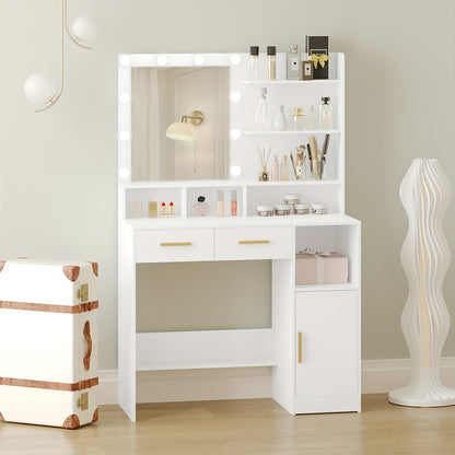 Make-up Tafel – Dressing Table – Kaptafel – Schminktisch – Vanity Table – Witte Make-up Tafel – 10 LED Lampjes Met Verstelbare Helderheid – 2 Lades, Kastje En Opbergruimte