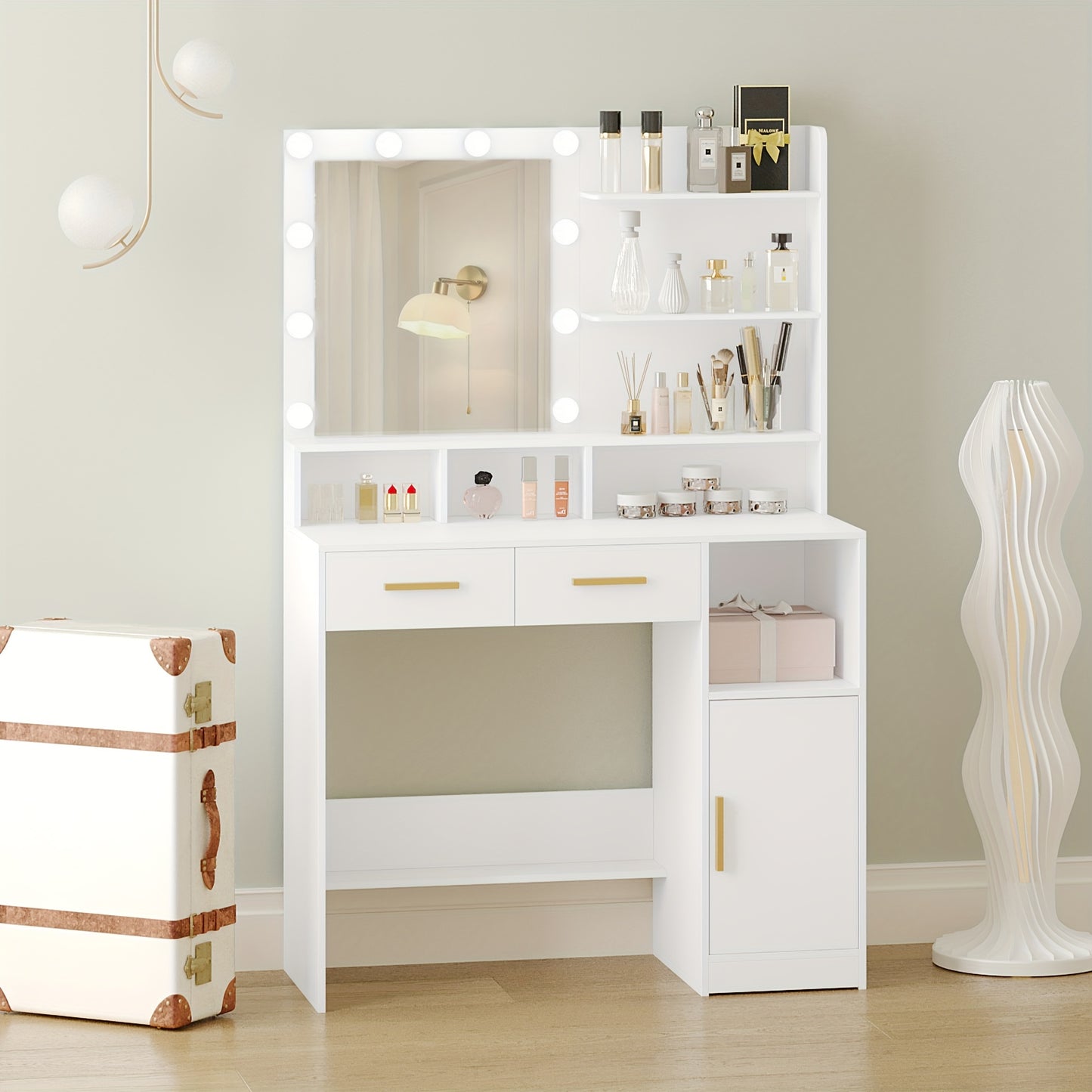 Kaptafel – Make-Up Tafel – Cosmeticatafel – Sieradentafel – Opbergmeubel – Wit – 10 LED Verlichting Met Verstelbare Helderheid – 2 Lades + 1 Kast
