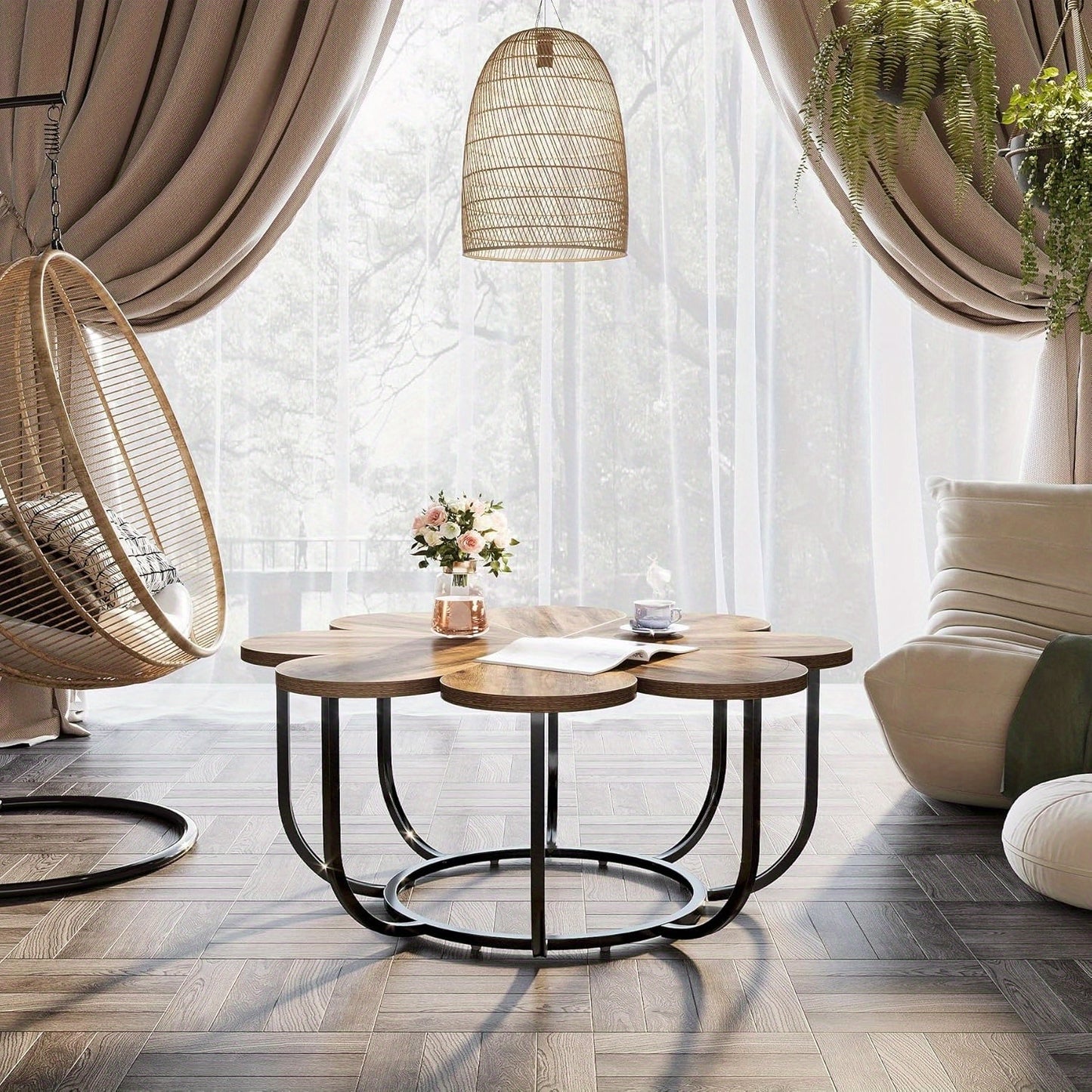 Bloemvormige Salontafel – Modern Coffee Table – Sofa Tafel – Woonkamer Tafel – Bloem Salontafel – 100 cm Diameter – Marmerlook Tafelblad met Metalen Frame