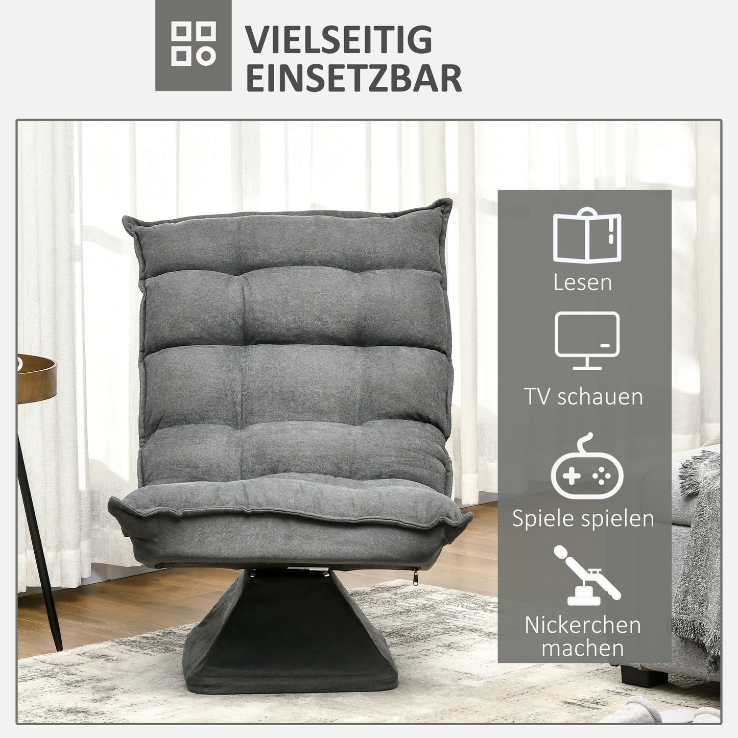 Vloerstol – Vloerstoel – Zitstoel – Ligstoel – Slaapstoel – Verstelbare Rugleuning Tot 120° – 360° Draaibare Basis – Stalen Frame – Comfortabele Dikke Bekleding Grijs