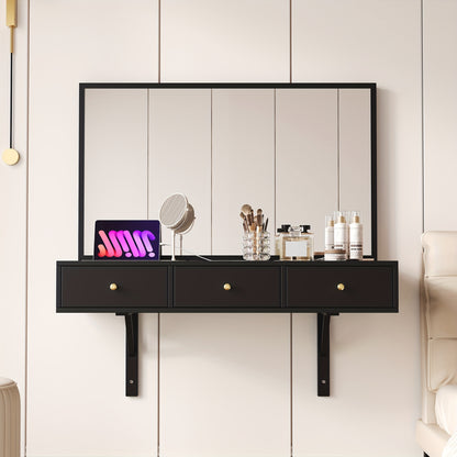 Kaptafel – Make-Up Tafel – Schminktisch – Toilettafel – Vanity Table – Mat Zwart – Compact Met Spiegel – 3 Laden Opbergruimte – Bamboe-Alternatief – Ingebouwde Bekerhouder