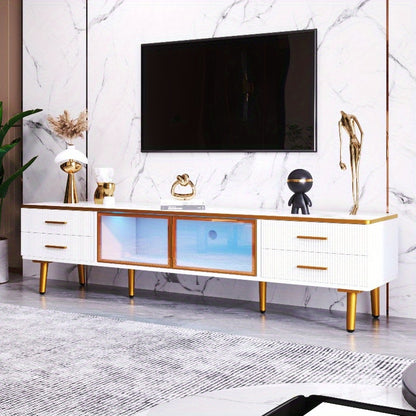 TV Meubel – Lowboard – Entertainmentkast – Sideboard – Dressoir – 4 Lades – Bruin Gehard Glas – 170 cm Hoogte – Marmerlook & Gouden Handvaten