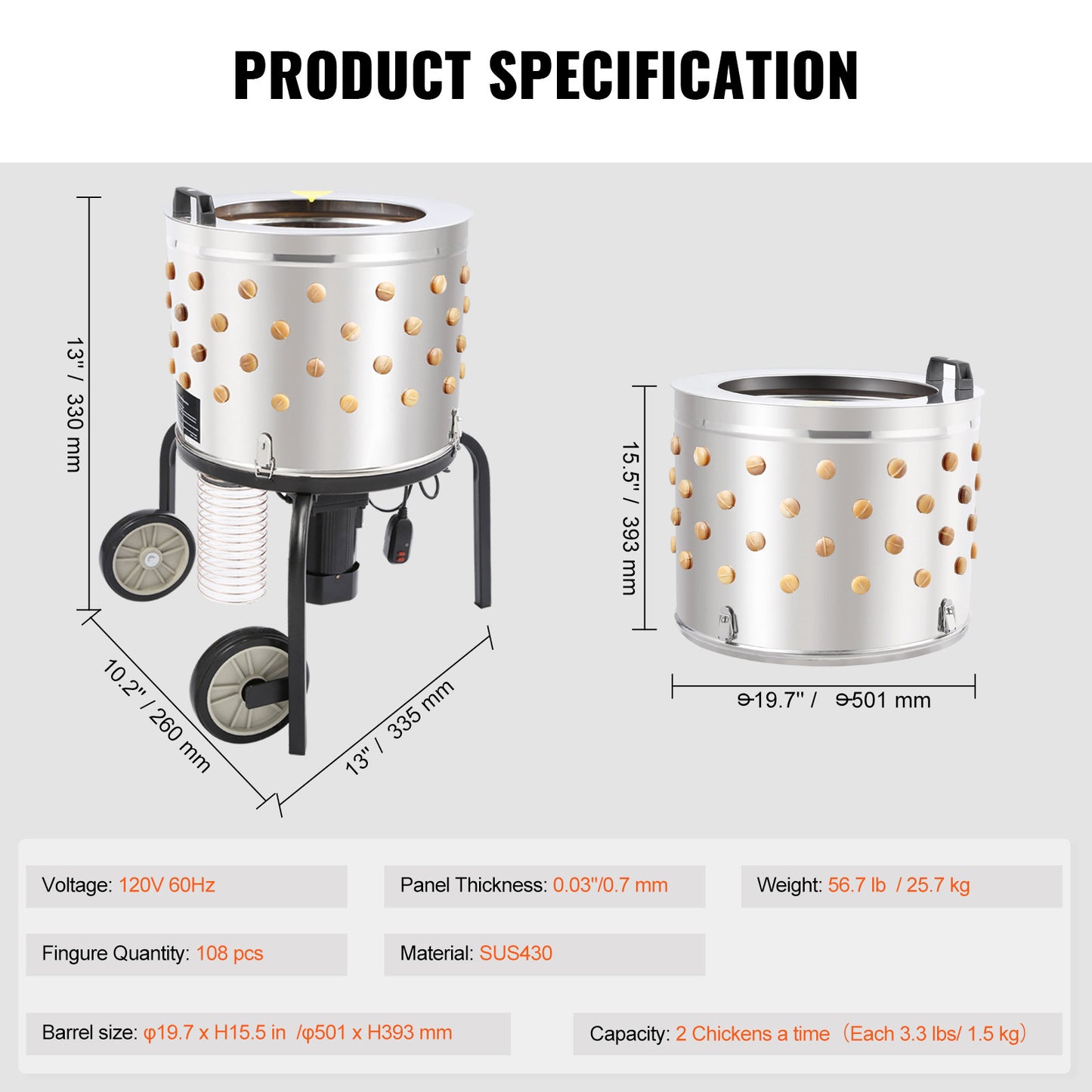 Pluimveemachine – Pluimverwijderaar – Kippenplukker – Pluimvee plukmachine – Pluimverwijderaar machine – Roestvrij Stalen Trommel – 550W Motor 280 RPM