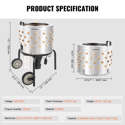 Pluimveemachine – Pluimverwijderaar – Kippenplukker – Pluimvee plukmachine – Pluimverwijderaar machine – Roestvrij Stalen Trommel – 550W Motor 280 RPM