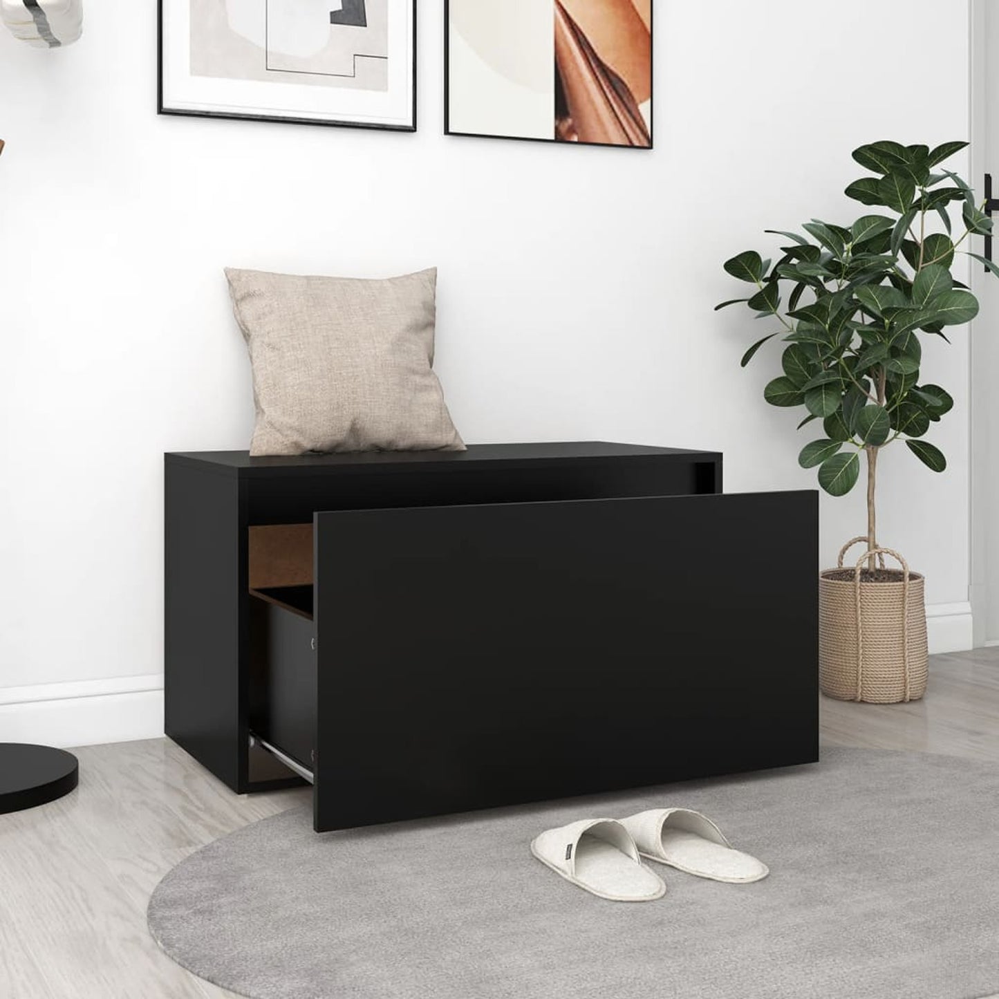 Halbank – Opbergbank – Schoenenbank – Zitbank – Bank Met Ottoman – Modern Zwart Gelakt Spaanplaat – Compact Formaat 78,7x40x45 cm