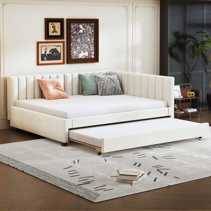 Bedbank – Slaapbank – Slaapstoel – Futon – Logeerbed – Modern Fluwelen Beige – Uitschuifbaar 140x200 cm – Massief Houten Frame Met Lattenbodem