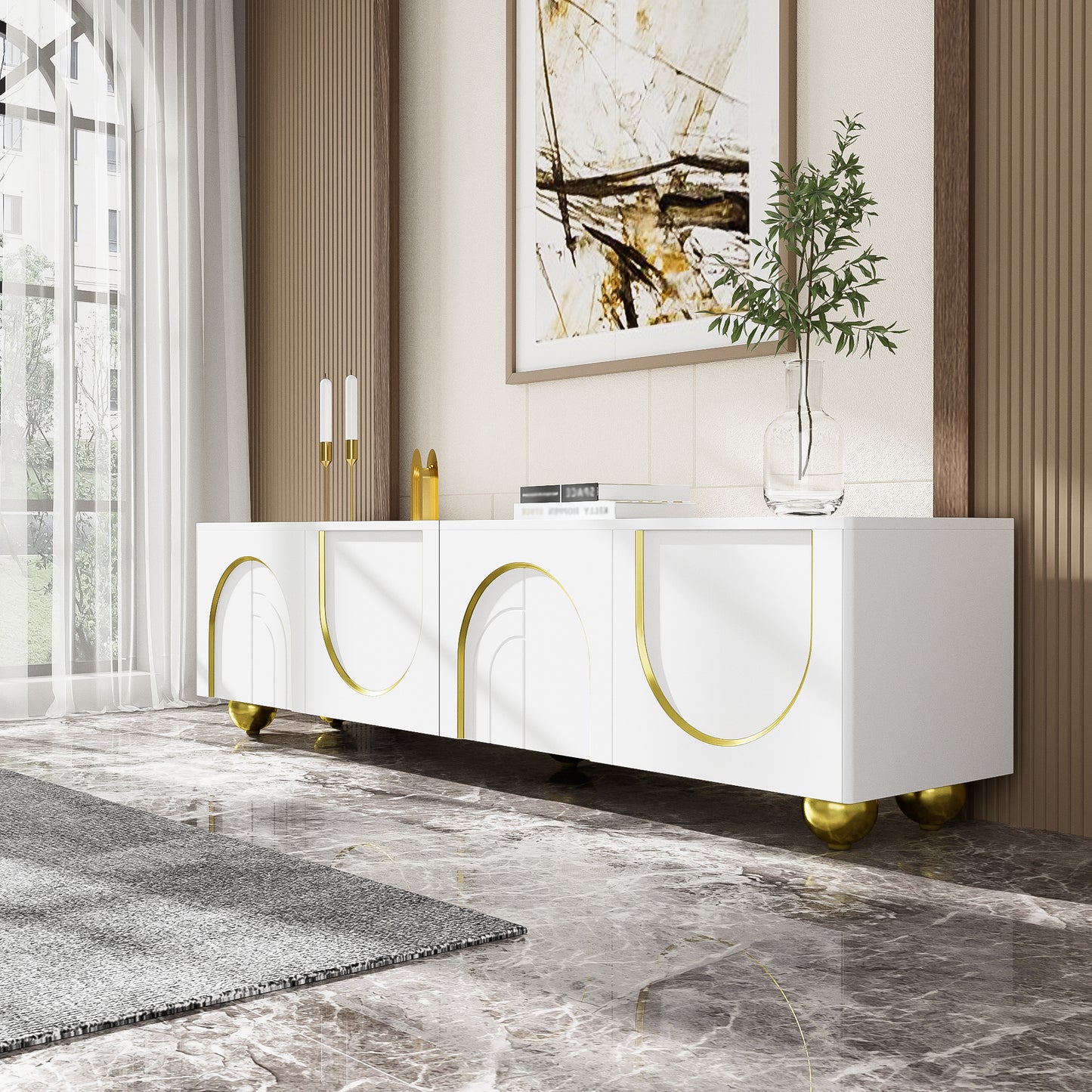 TV Meubel – Lowboard – TV Kast – Sideboard – Mediameubel – Wit Goud – Push-Open Deuren – 170x38x44 cm
