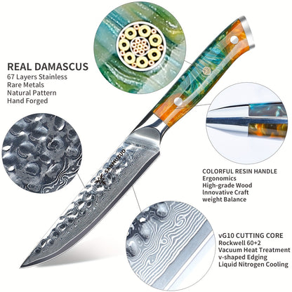 Damascus Steakmessen – Steakmessen Set – Vleesmessen – Keukenmessen – Steakmessen Oranje – Japans VG-10 Staal – 12,7 cm Lemmet