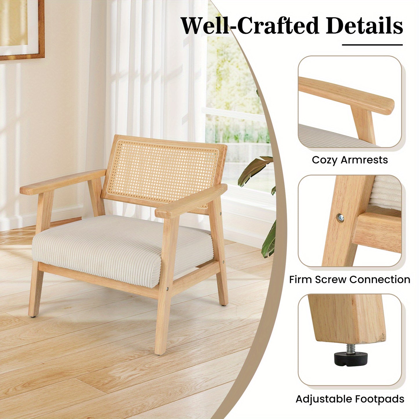Corduroy Fauteuil – Accentstoel – Loungechair – Rustieke Leunstoel – Binnenstoel – Zacht Gestoffeerd Zitvlak – Rubberhouten Frame Met Rattan Rugleuning – Mid Century Design – Comfortabele Padded Zitting