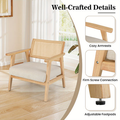 Corduroy Fauteuil – Accentstoel – Loungechair – Rustieke Leunstoel – Binnenstoel – Zacht Gestoffeerd Zitvlak – Rubberhouten Frame Met Rattan Rugleuning – Mid Century Design – Comfortabele Padded Zitting