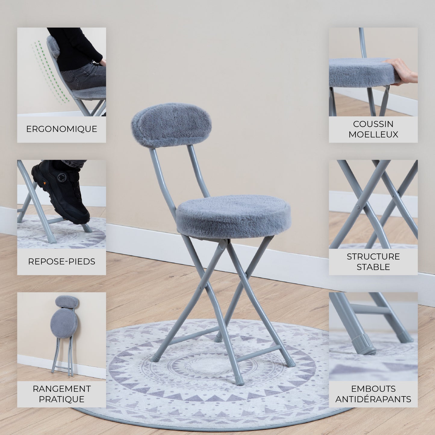 Opvouwbare Bureaustoelen – Klapstoelen – Vergaderstoelen – Vouwstoelen – Werkstoelen – Set Van 8 – Grijs – Met Ronde Leren Zitting En Voetensteun – 49 Cm Zithoogte