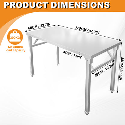 Stainless Steel Workbench Foldable Kitchen Workbench 60x100cm/60x120cm/70x120cm Stainless Steel Workbench Kitchen Workbench with Maximum Load Capacity of 300kg,  Compact Design, Rustresistant Material, Utility Workbench, Mult