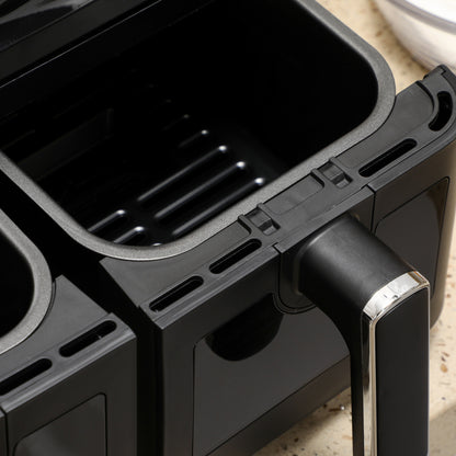 Heteluchtfriteuse – Airfryer – Friteuse – Luchtfriteuse – Dubbele Mand – 2x4L Manden – 8 Programma’s – Timer en Licht – Zwart – Compact formaat