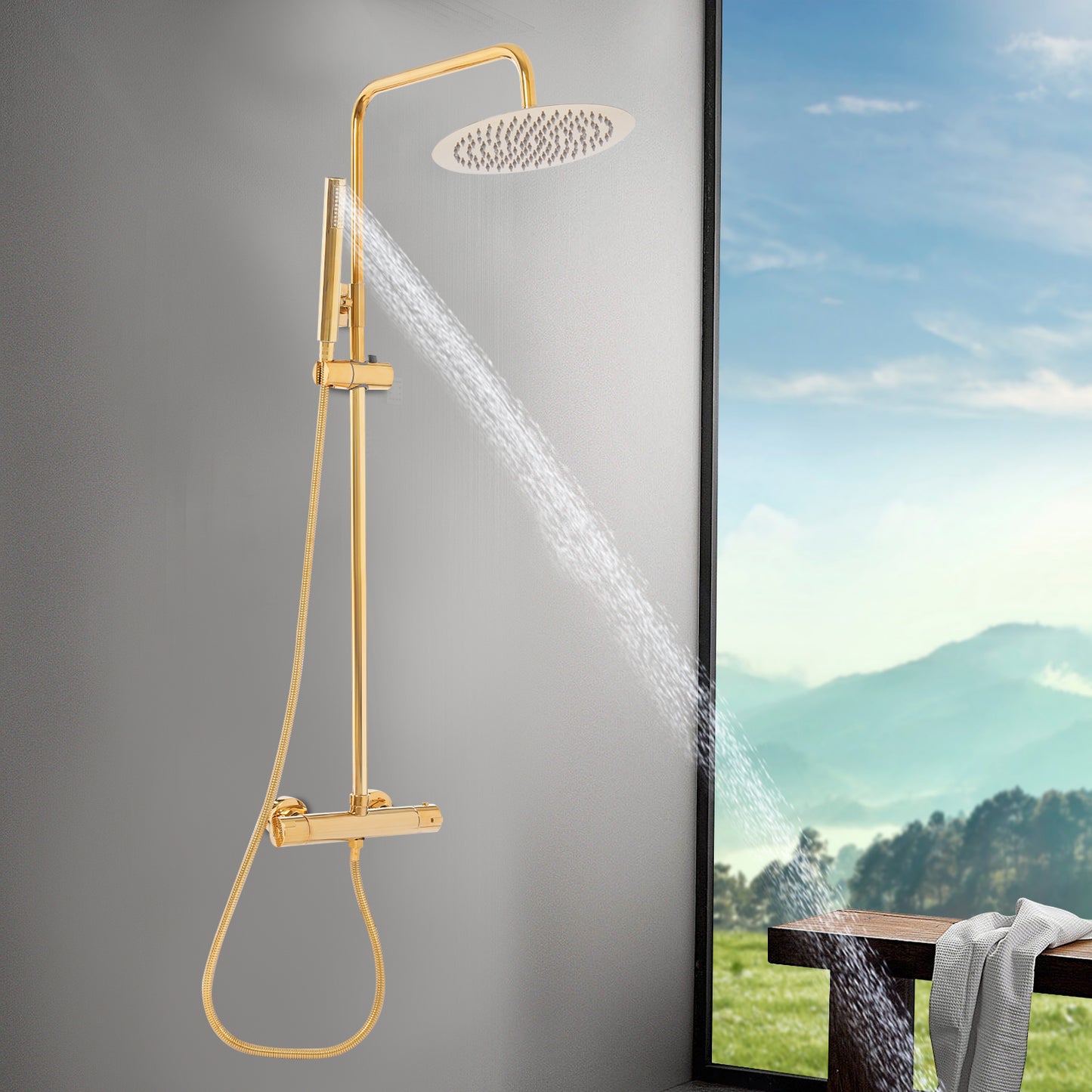 Thermostatisch Douche Systeem – Thermostaatkraan – Regendouche – Handdouche – Doucheset – Modern Goud – Verstelbare Hoogte 90-100 cm – Veilig Tegen Verbranding