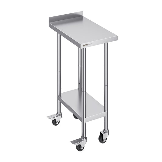 Roestvrijstalen Werktafel – Werkbank – Keukentafel – Prep Tafel – RVS Werkblad – 24"x15" – Verstelbare Legplanken – Wieltjes Met Rem