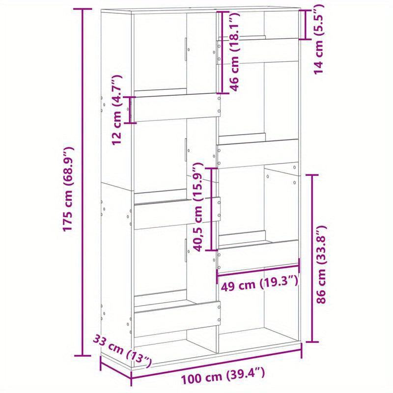 Elegant Gray Sonoma Oak Wood Room Divider - 100x33x175cm, Multi-Shelf Storage Organizer with Open Top, Ideal for Office, Bedroom, Living Room, Study - Modern Minimalist Design, Office Decor