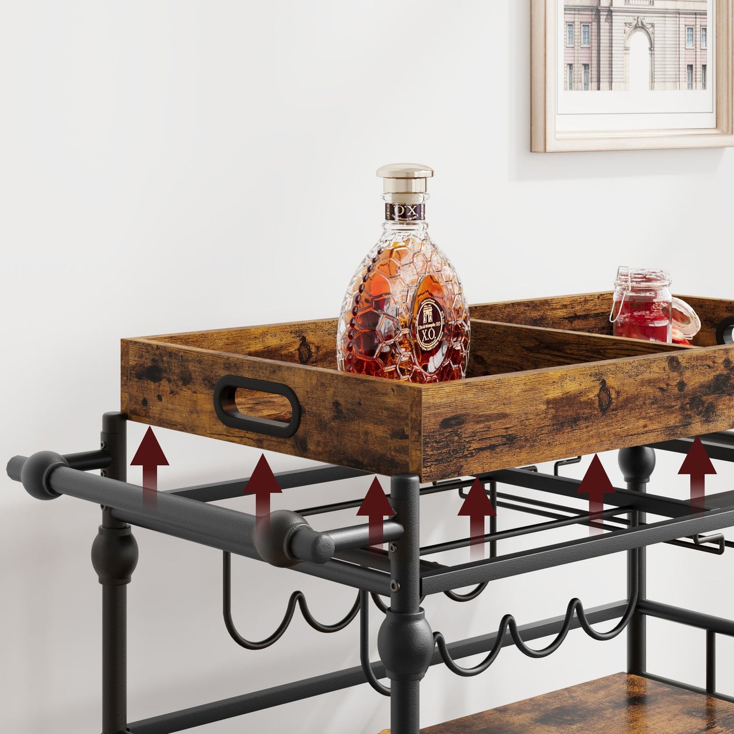 Mobiele Barwagen – Serveerwagen – Trolley – Wijnkar – Drinkkar – Retro Kleur – Hardhout – 4 Draaibare Wielen