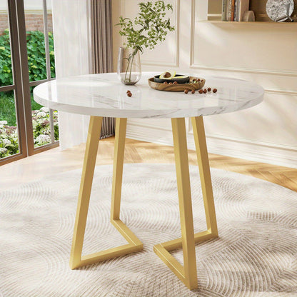 Eettafel – Keukentafel – Dinertafel – Tafel – Ronde Tafel – Marmerlook Blad – Stevig Metalen Onderstel