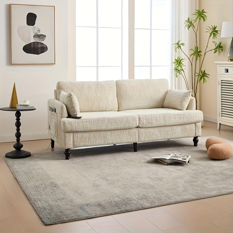 2-Zits Bank – Sofa – Loveseat – Zithoek – Tweezitsbank – Beige Chenille – Zijvak Opbergruimte – Kant-En-Klaar Zonder Montage