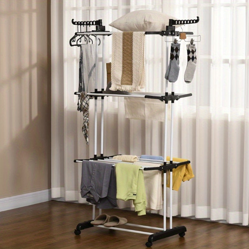 Droogrek – Wasrek – Kledingrek – Uitschuifbaar Rek – Droogtoren – Metallisch – 4-laags Met Wieltjes – Compact 73x45,5x177 cm – Geschikt Voor Binnen En Buiten