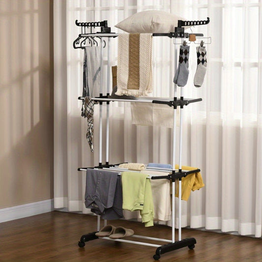 Droogrek – Wasrek – Kledingrek – Uitschuifbaar Rek – Droogtoren – Metallisch – 4-laags Met Wieltjes – Compact 73x45,5x177 cm – Geschikt Voor Binnen En Buiten