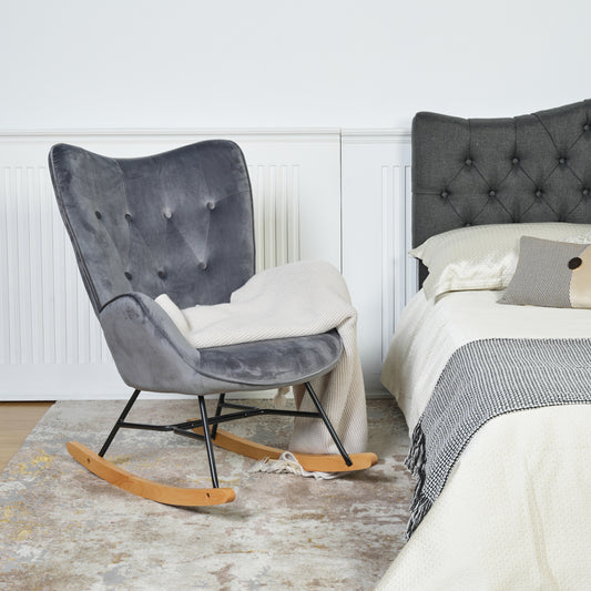 Draaifauteuil – Fauteuil – Relaxstoel – Leunstoel – Schommelstoel – Fluweel Grijs – Hoog Rugleuning – Houten Poten