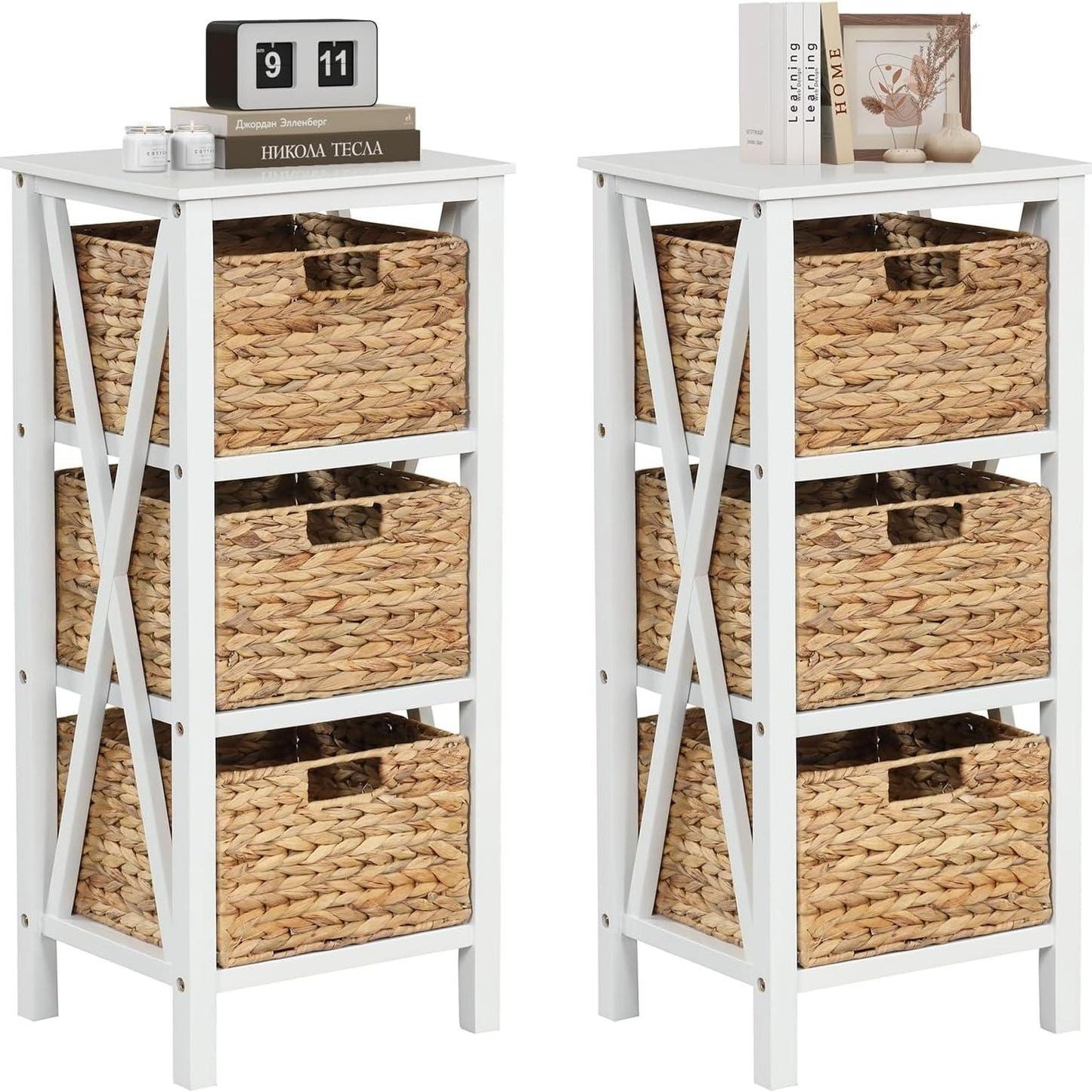 Nachtkastje – Bijzettafel – Opbergkastje – Woonkamerkast – Slaapkamermeubel – Set Van 2 – 4 Lagen Met 3 Zeegras Mandjes – Stevige Houten Constructie Met X-Vormige Steunen